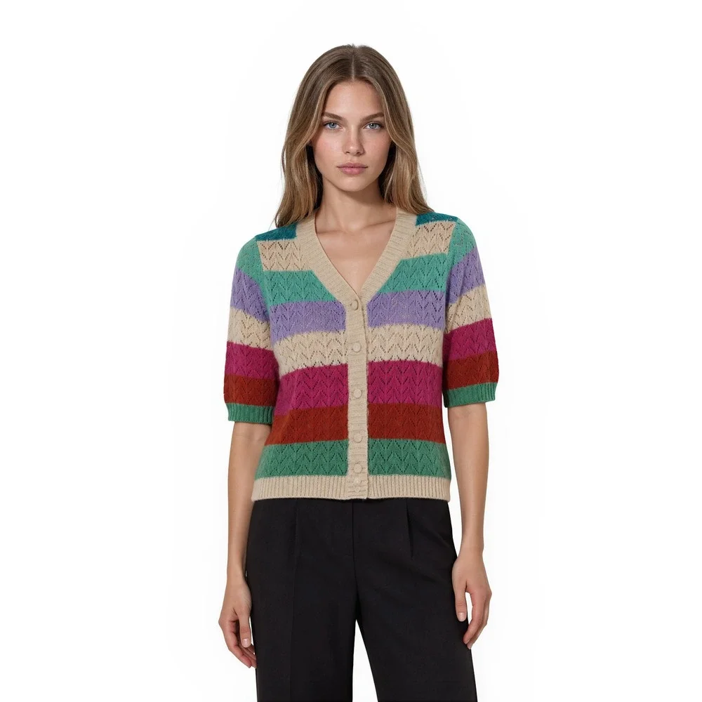 FRNCH Paris Cardigan Sweater Top Women's Size Medium Multicolor Striped Knit